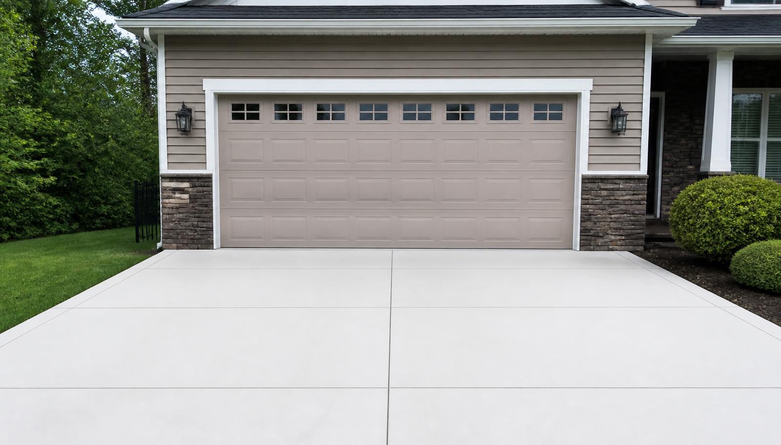 The same driveway and garage frontage bright and clean after pressure washing