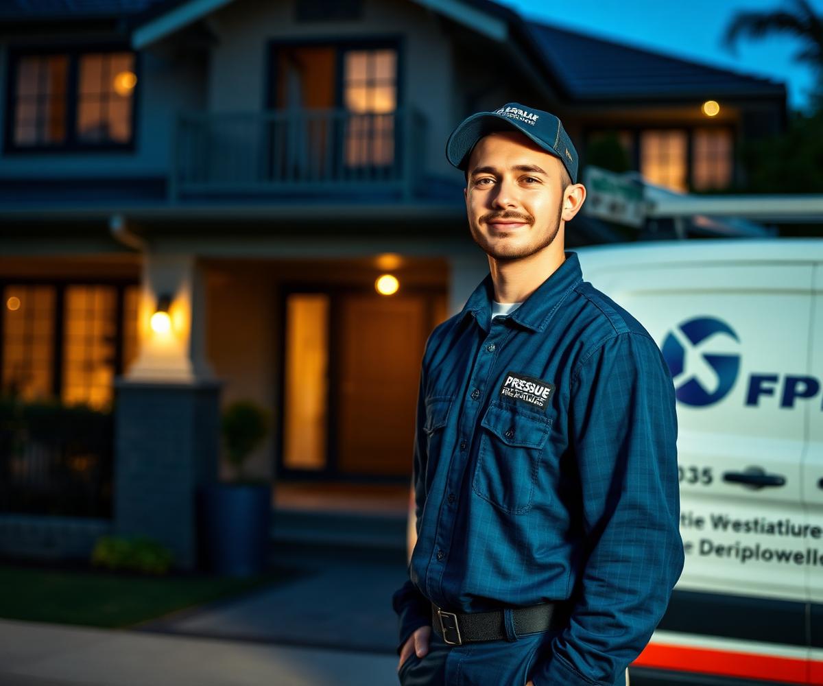 Red Dragon pressure washing technician beside the work van at dusk