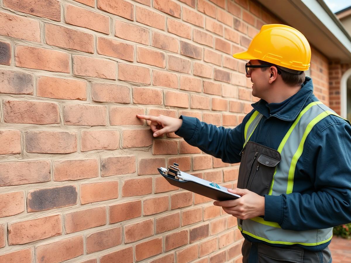Technician inspecting a stained brick wall before cleaning