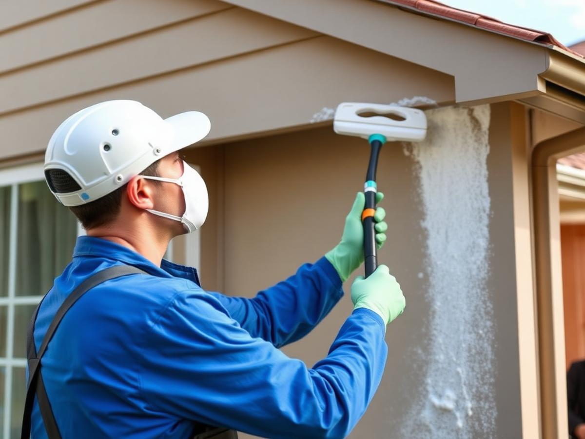 Worker applying pre-treatment solution to a house exterior