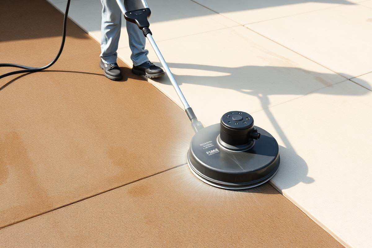 Surface cleaner restoring a stained concrete driveway