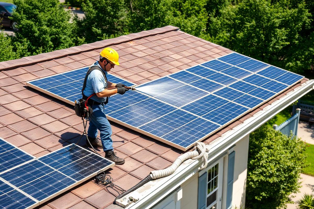 Technician cleaning solar panels and gutters on a home roof