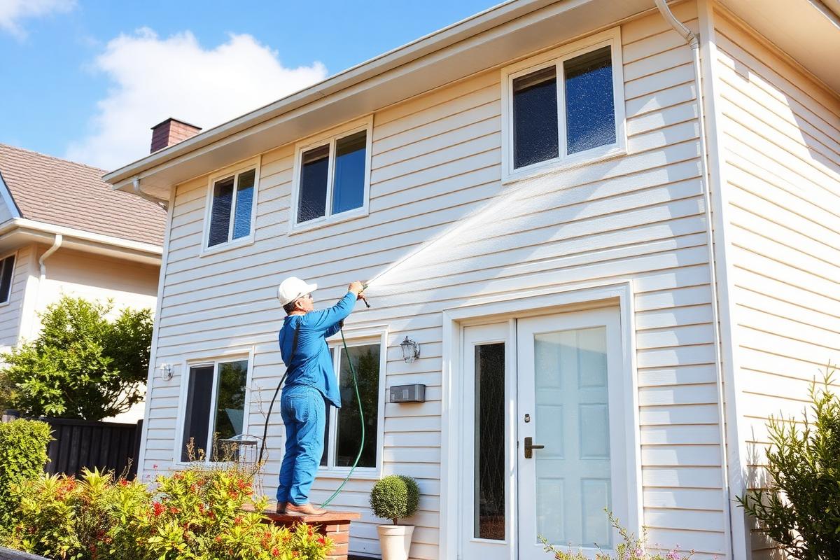 Technician soft washing a Melbourne home exterior wall