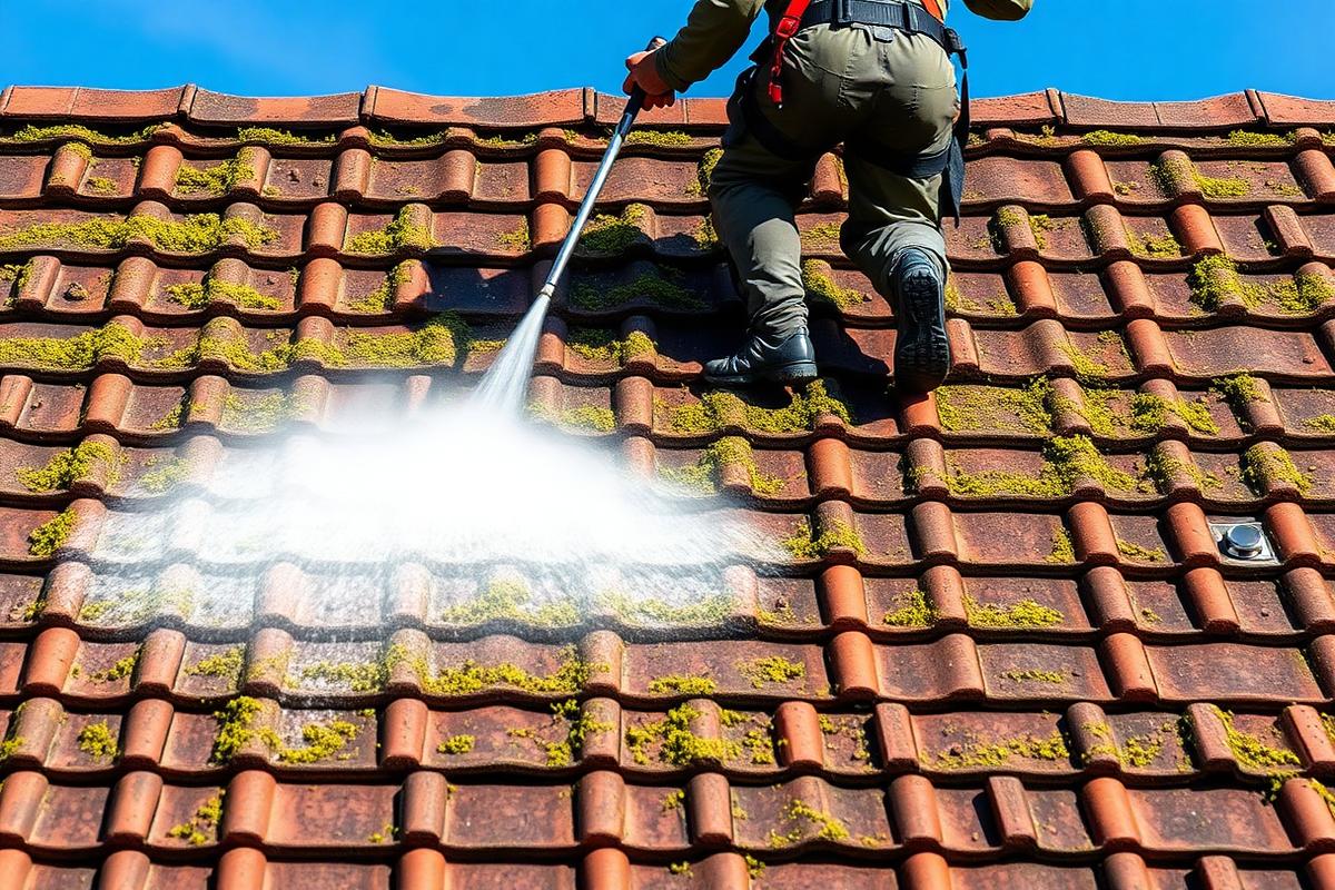 Operator cleaning moss from a tiled roof of a suburban home